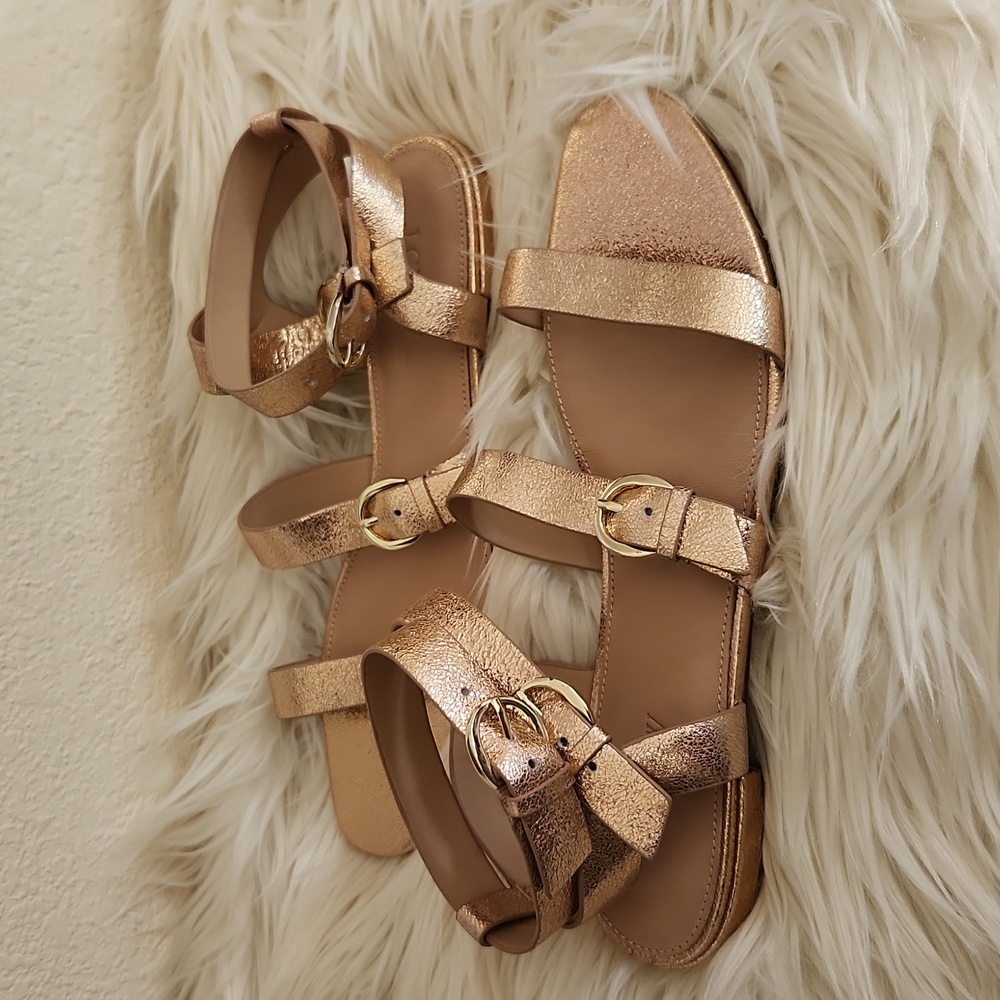 JCrew rose Gold leather metallic multi buckle sandal size 8 New in box